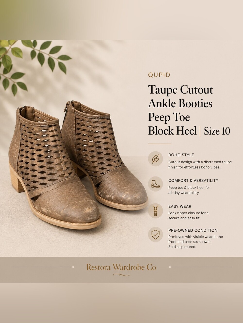 Qupid Taupe Cutout Ankle Booties Size 10 Peep Toe Block Heel Boho